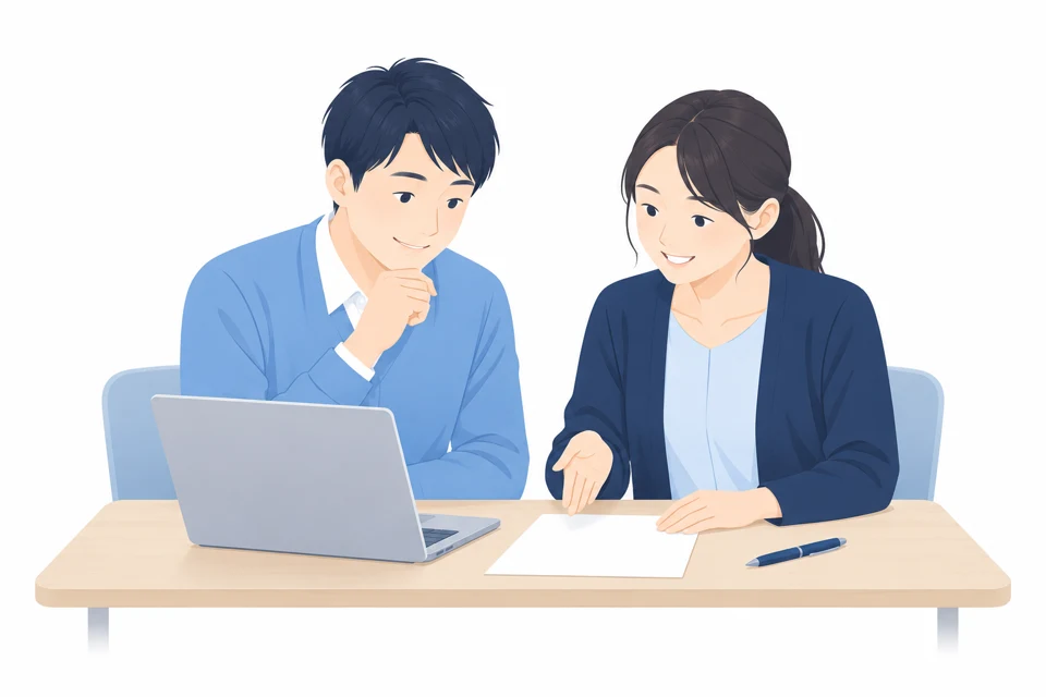 パソコンを使い、一緒に業務を見直す福祉職員のイラスト