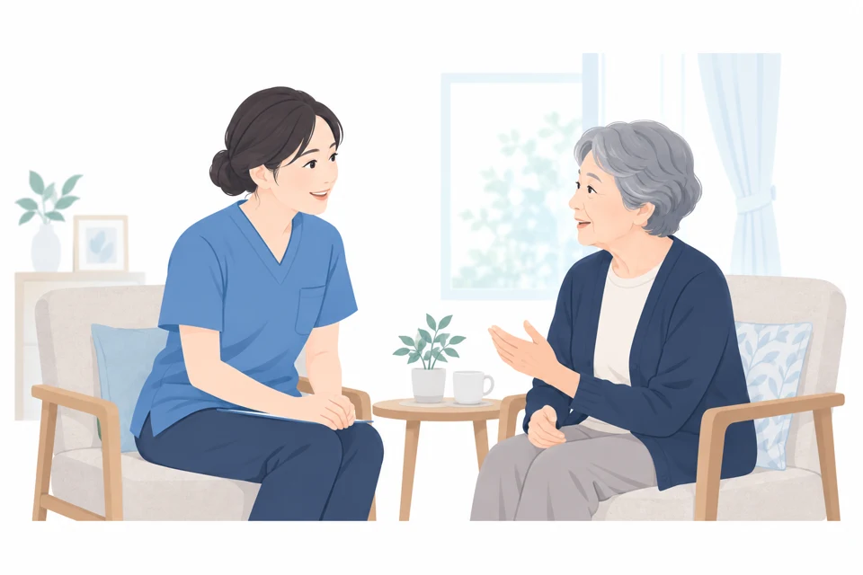 自宅で利用者に寄り添う訪問看護師のイラスト